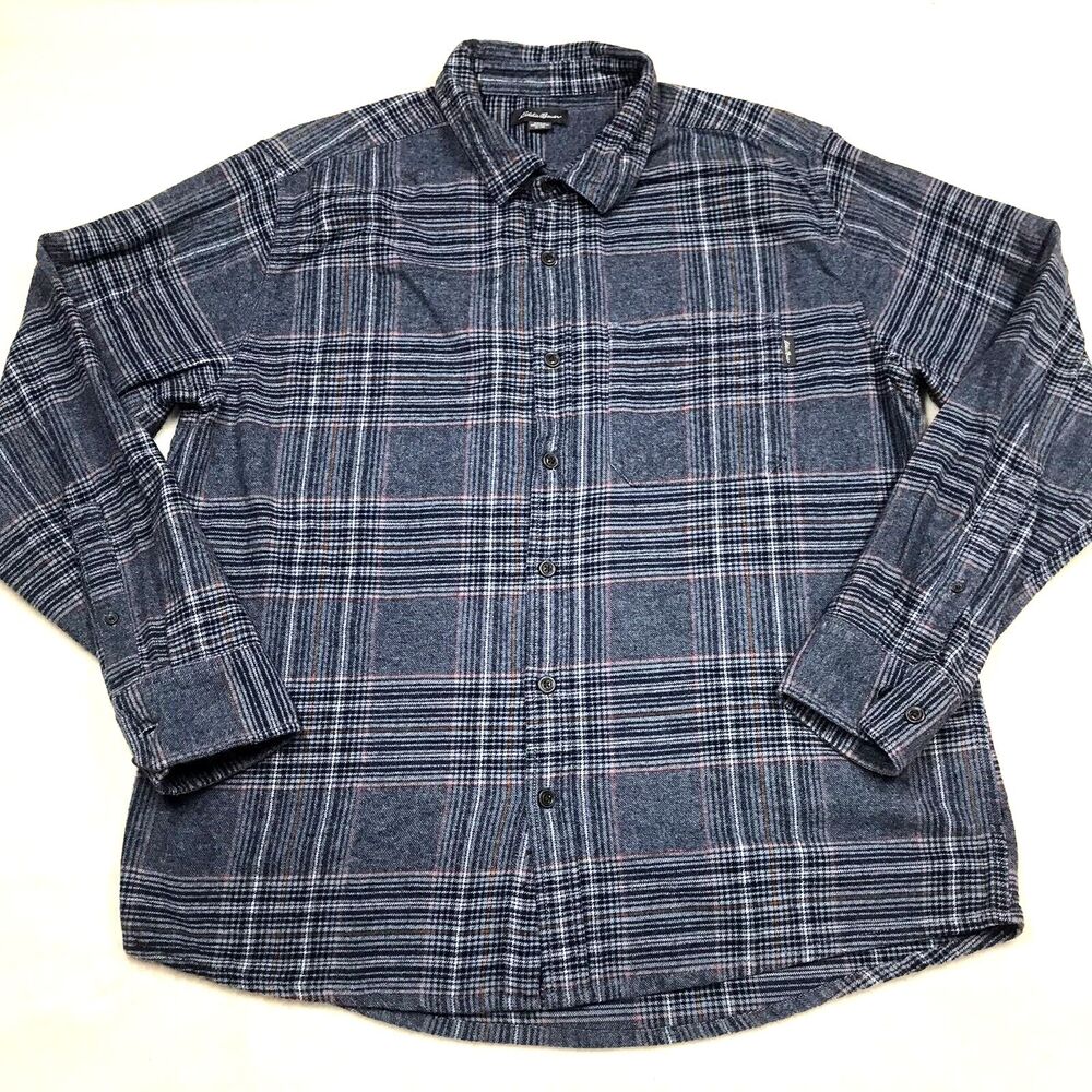 EDDIE BAUER Heavy Flannel Shirt Men XL Blue Tattersall Plaid Grunge Hiking Gorp
